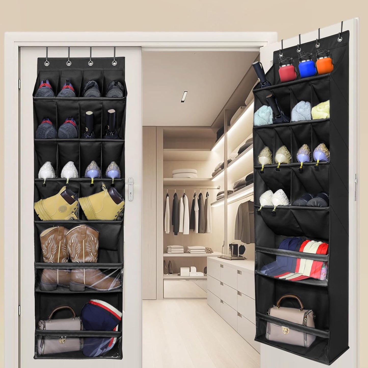 Over The Door Shoe Organizer with Large Deep Pockets Door Shoe Rack for Narrow Door Hanging Multifunction Shoe Holder for Dorm Closet Door, Black 16 Pockets
