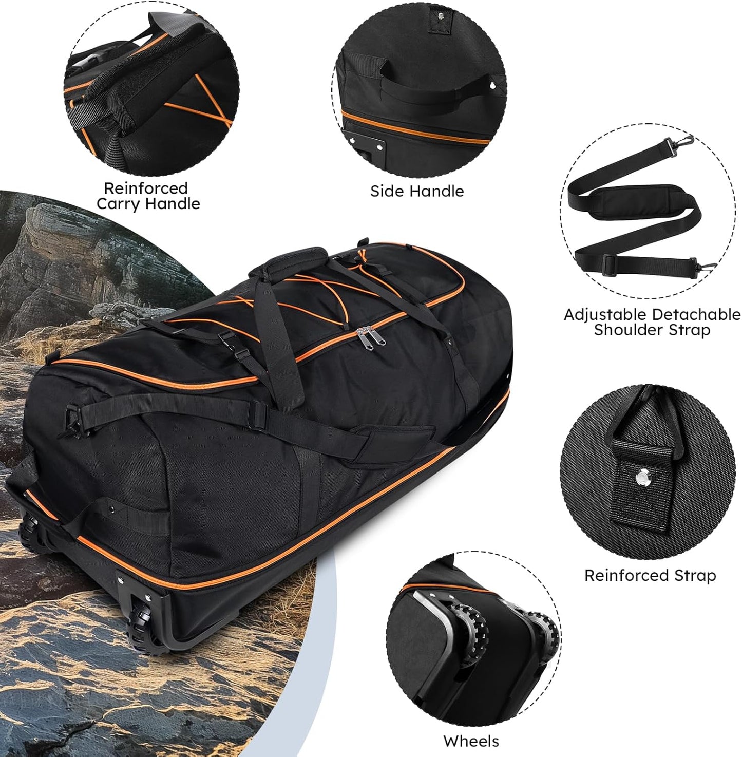 110L Expandable to 140L 32” Foldable Oxford Soft-Sided Rolling Duffle Bag with 2 Heavy-Duty Wheels,3 Large Compartments,Adjustable Shoulder Strap and Attached Organizer Pouch,Black Orange