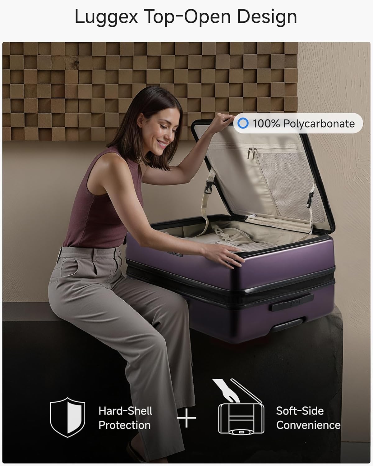 LUGGEX Checked Suitcase with Spinner Wheels, FLO5 Expandable Polycarbonate Hard Shell Suitcase with TSA Approved Lock (FX-Core, Purple, 28 Inch)