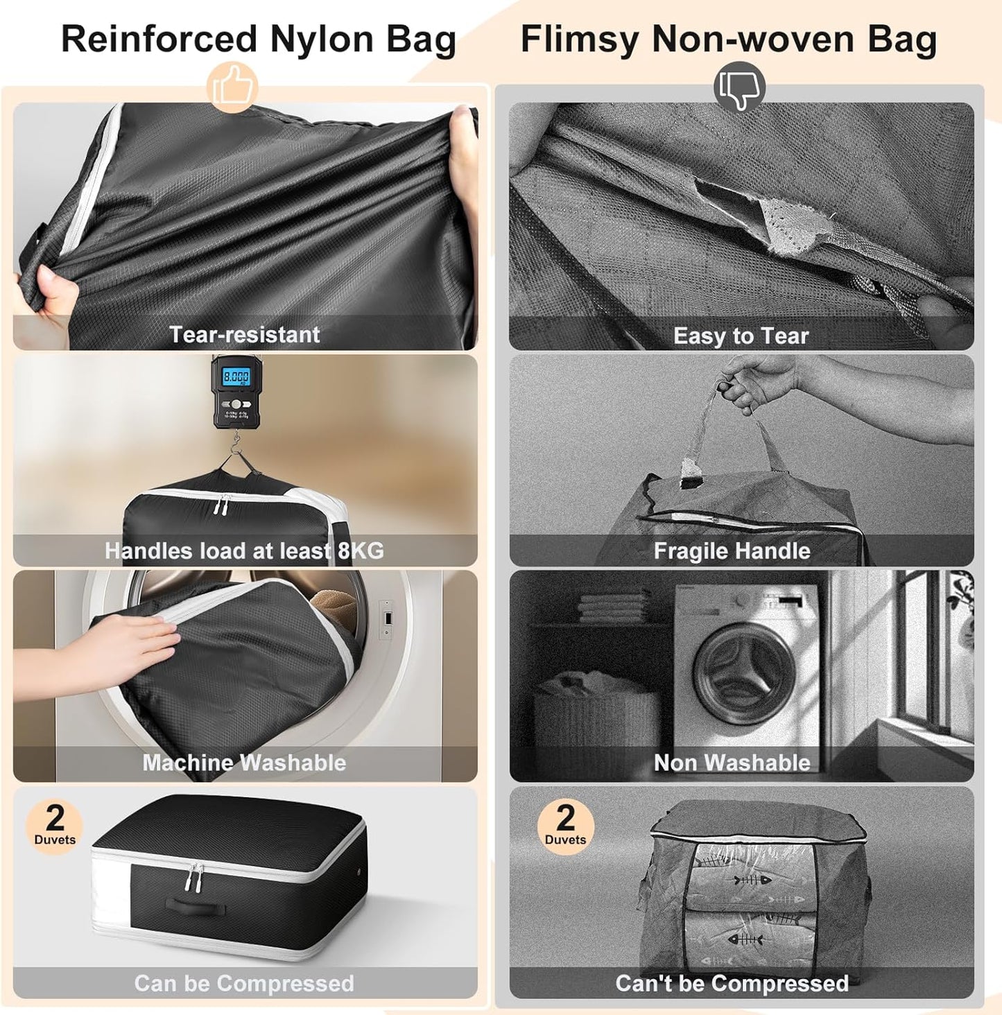 Comforter Storage Bag - Large Capacity Blanket Storage Bags 3-Layer Ultra Space Saving Self Compression Organizer, Washable Compression Bags for Storage Comforter Blanket, 6-Pack, Black