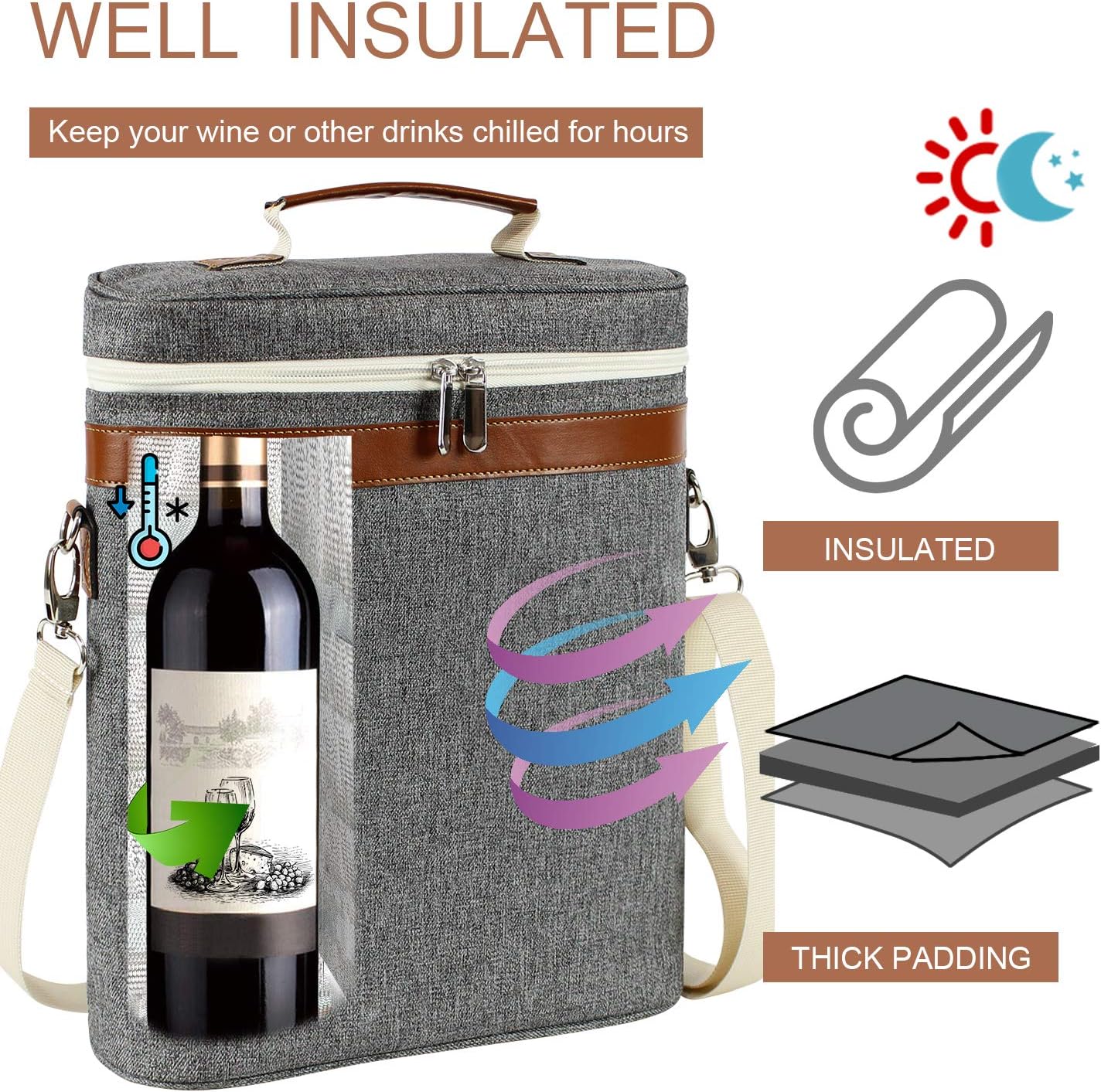3 Bottle Insulated Wine Tote Carrier Bag, Portable Travel Padded Wine Cooler - Corkscrew Opener, Handle and Adjustable Shoulder Strap, Wine Lover Travel Picnic Party Wedding Wine Tote Grey