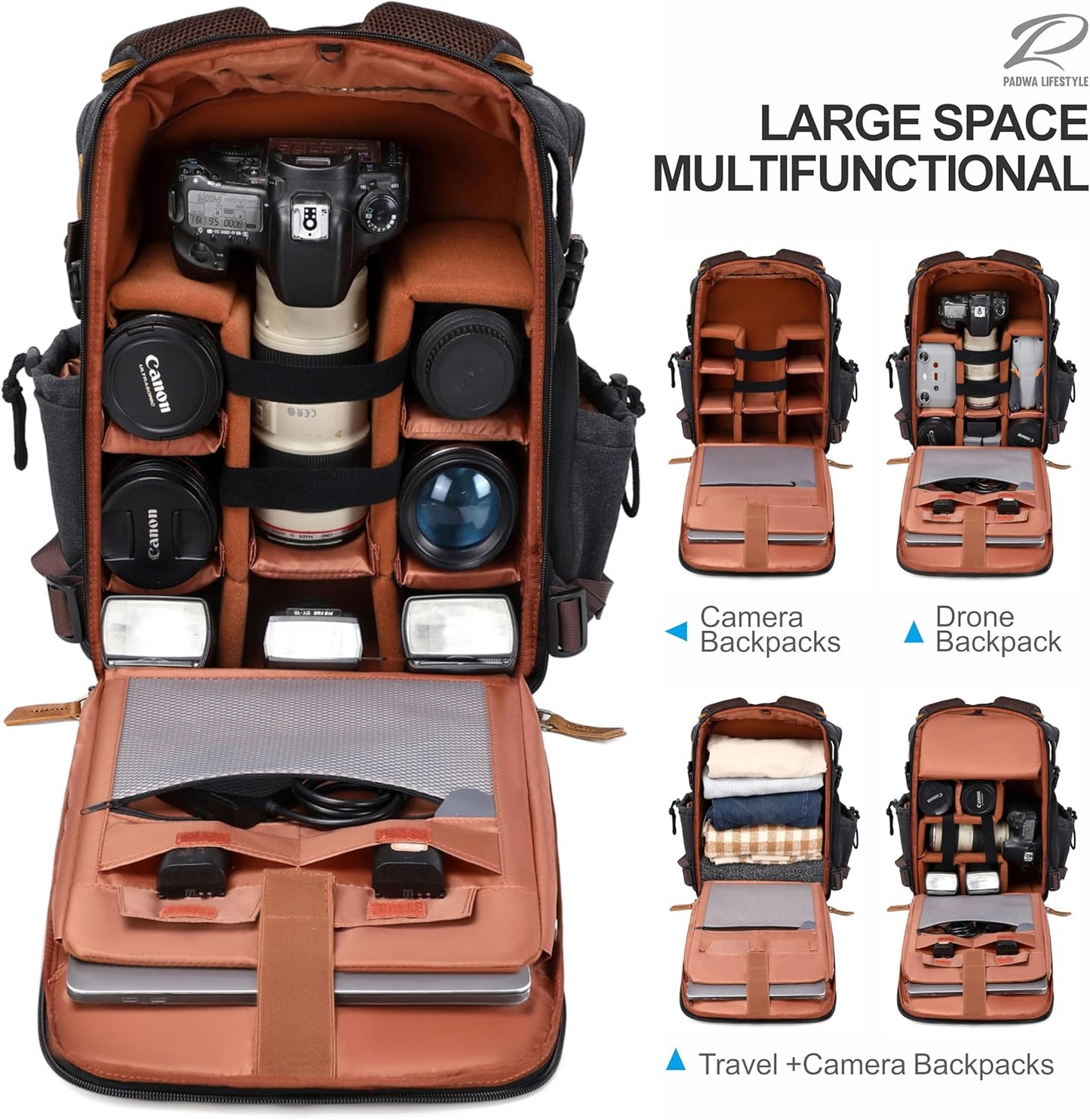 Padwa Lifestyle Black Camera Backpack - Professional DSLR & UAV Camera Bag,Anti Theft Canvas Camera Backpack with Rain Cover,Large Capacity Photography Travel Camera Bag with Multi Compartments