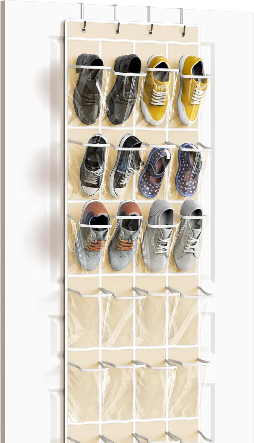 Simple Houseware 24 Pockets - Crystal Clear Over The Door Hanging Shoe Organizer, Beige (64'' x 19'')