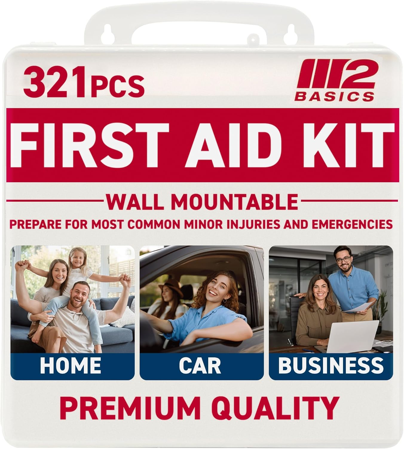 M2 BASICS Premium 321 Piece First Aid Kit - First Aid Kit for Home, Car, Business, Office, School, Travel, Camping, Outdoors - Emergency Medical Supplies, Durable Portable Hard Case