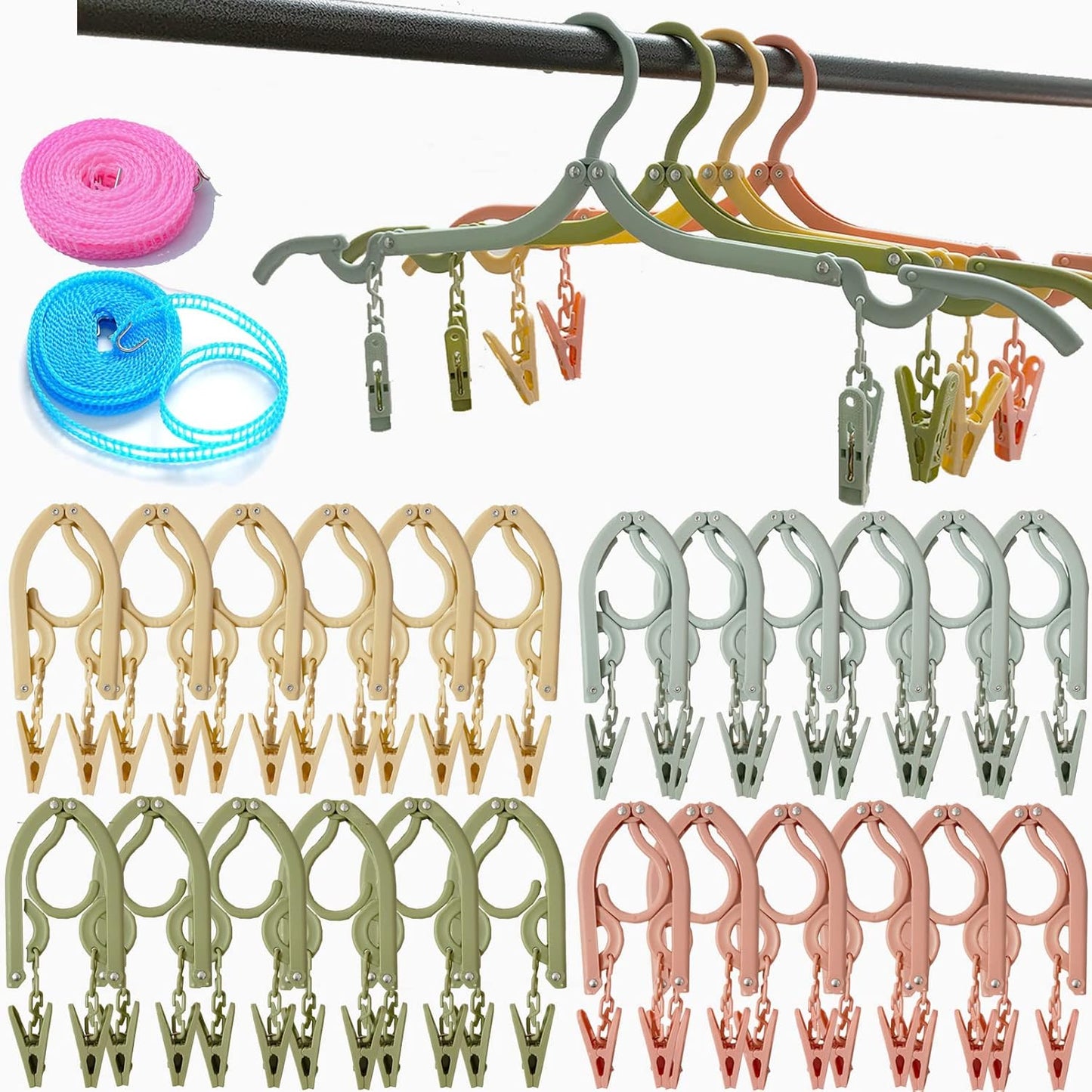 24 PCS Foldable Non Slip Plastic Clothes Hangers with Clips - Travel Accessories Drying Rack, 4 Colors