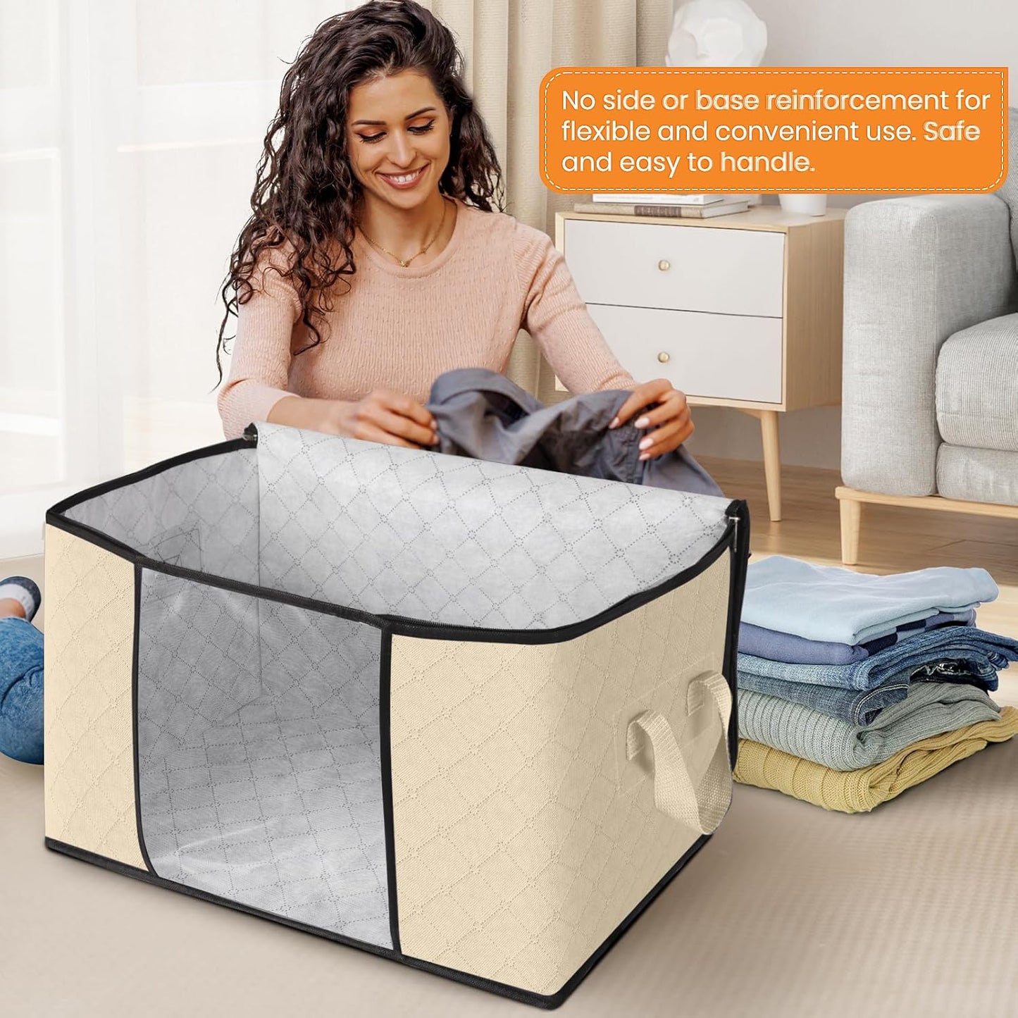 Fab totes 24 Gallons Clothes Storage, Foldable Thick Fabric Blanket Storage Bags, Containers for Organizing Bedroom, Closet, Clothing, Comforter, Organization with Handle (4 Pack,Beige)