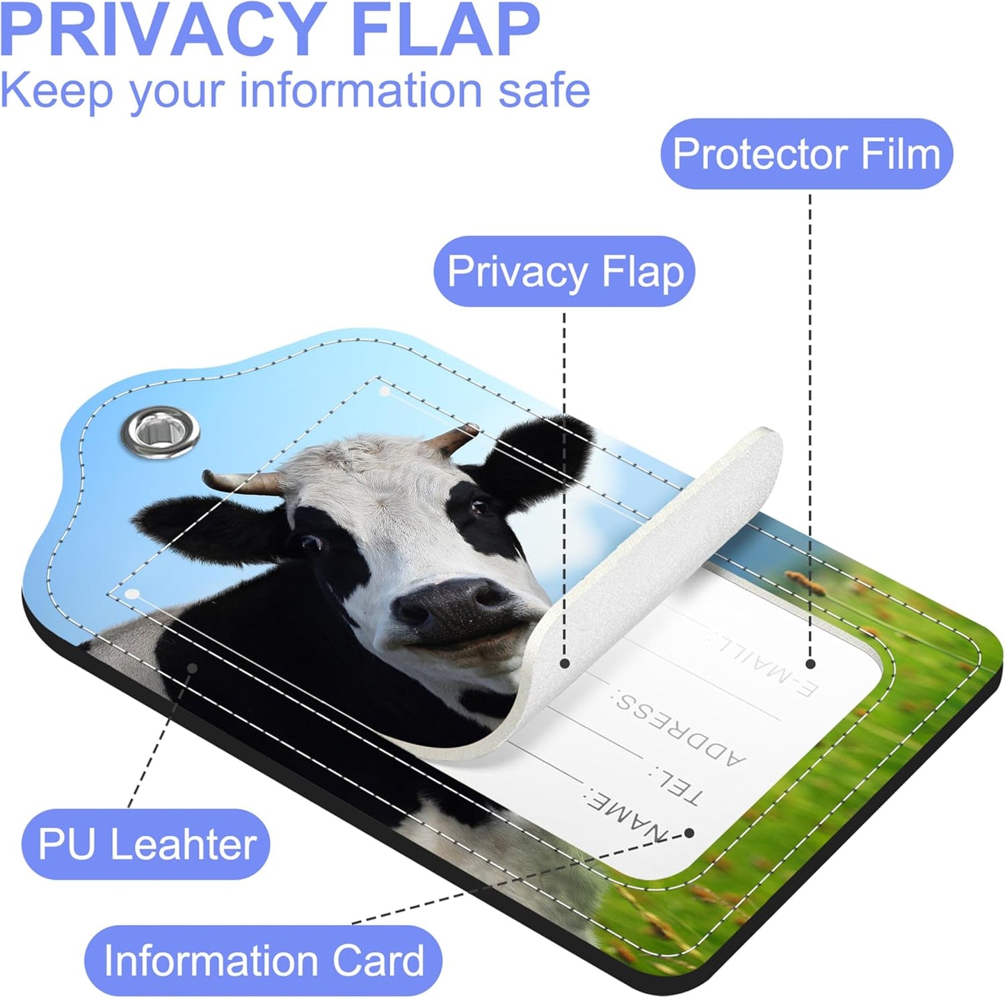 2 Pack Luggage Tag for Suitcase Funny Cow Leather Suitcase Tags with Identifiers Privacy Cover Name Address Labels and Stainless Steel Loop for Teens Adults, 4.6 x 2.7 inch