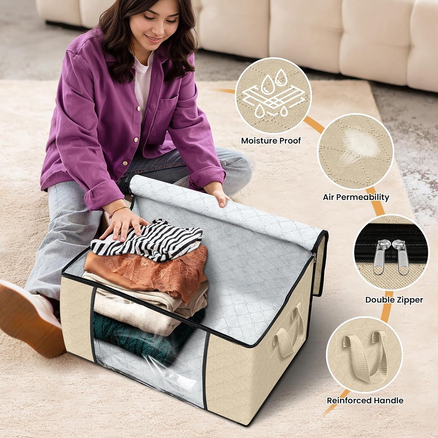 Fab totes 6 Pack Clothes Storage, Foldable Thick Fabric Blanket Storage Bags, Containers for Organizing Bedroom, Closet, Clothing, Comforter, Organization with Handle,Beige