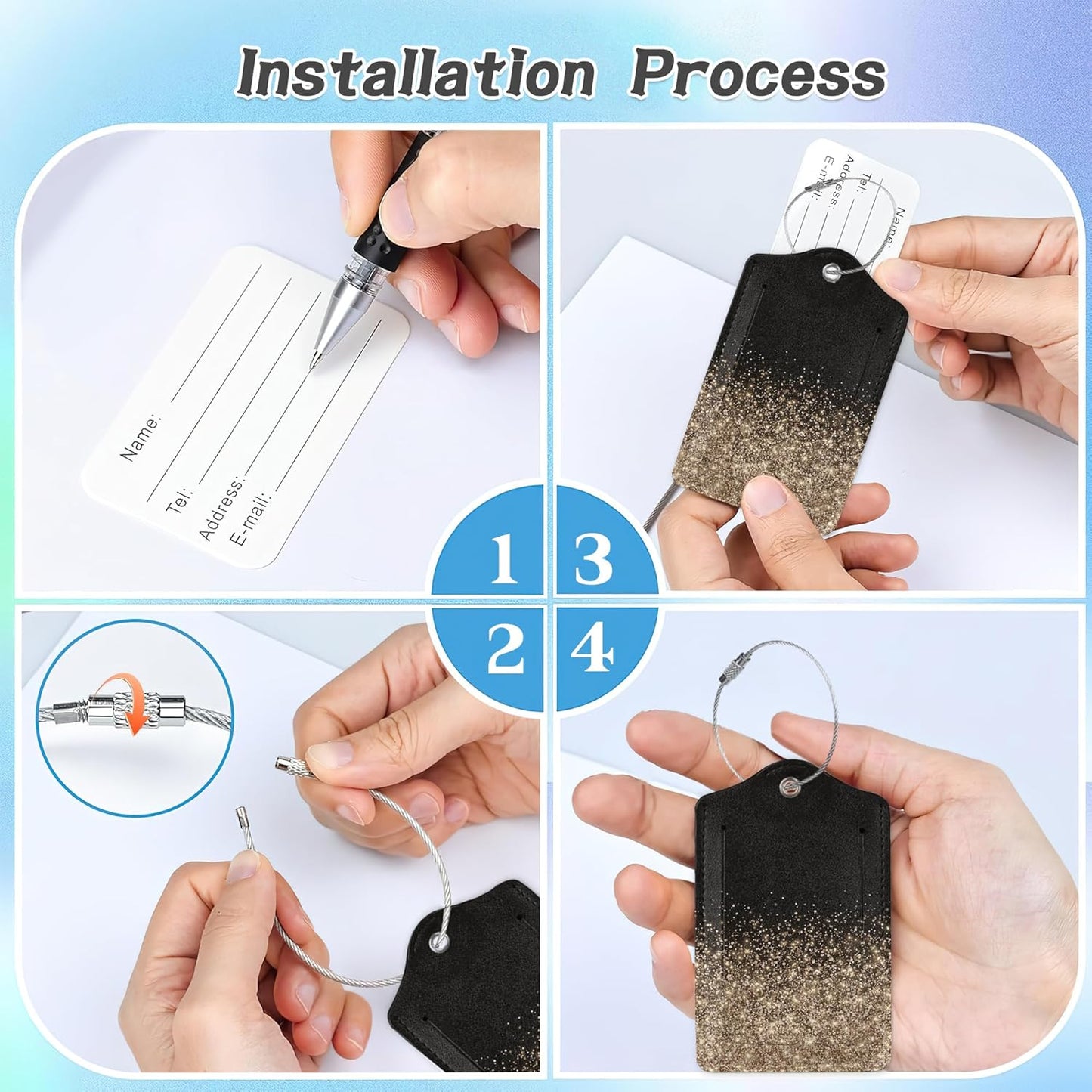 3 Pack Luggage Tag for Suitcase,Rose Golden Glitter Leather Luggage Tags with Privacy Cover Name ID Label Identifiers Travel Bag Tags for Women Men Boys Girls