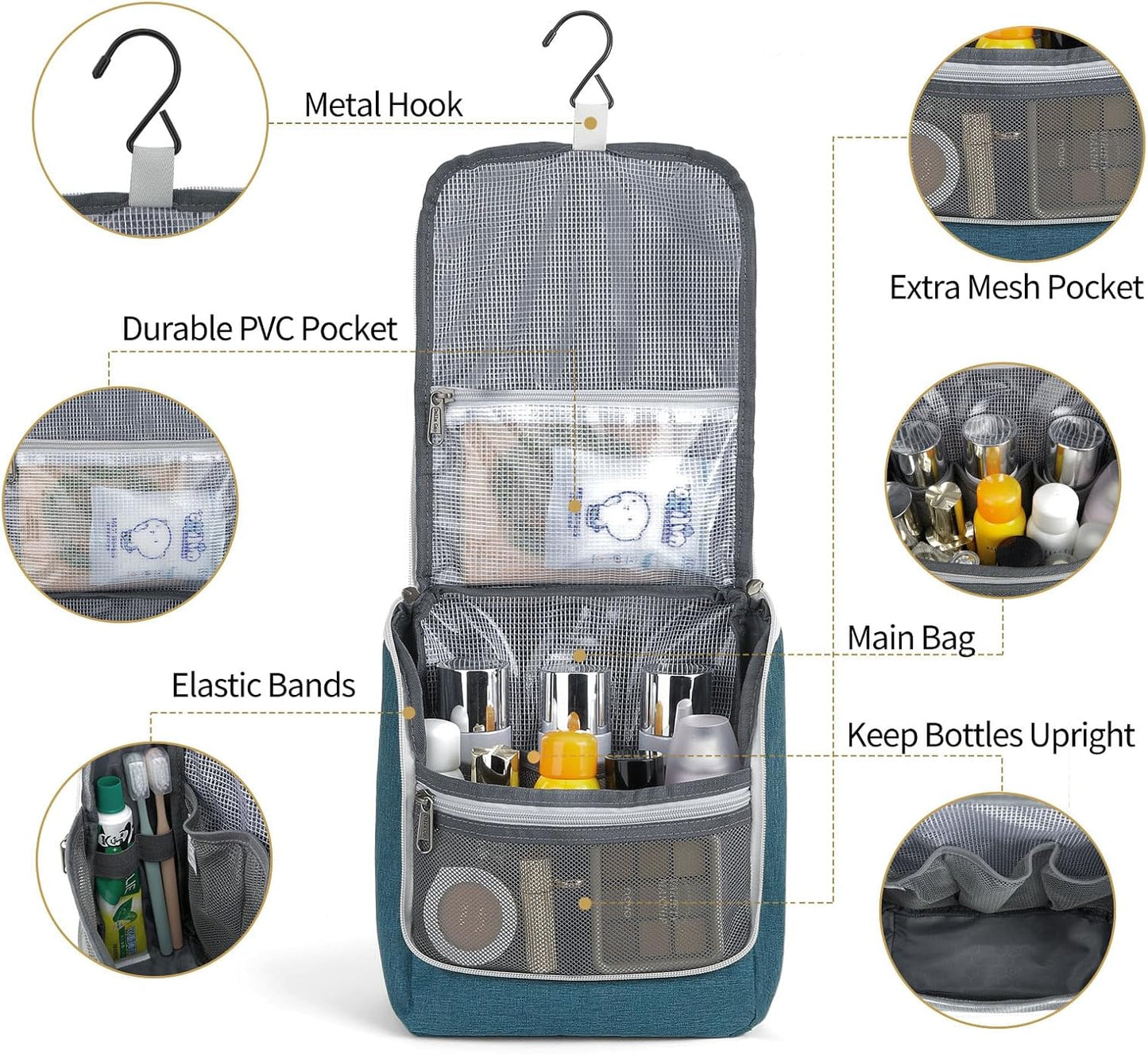 Della Gao Hanging Toiletry Bag for Women, Travel Toiletry Bags Makeup Organizer, Water-resistant Cosmetic Bag for Essentials Accessories (Dark Green)