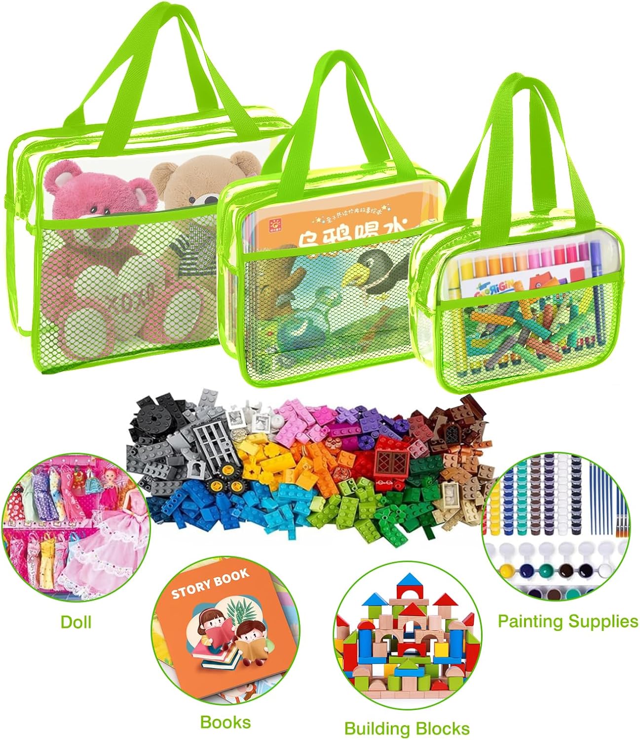 XEWEA Clear Travel Toiletry Bags, 3 Pack TSA Approved Transparent Makeup Bag for Men Women, Large Waterproof PVC Quart Organizer with Zipper for Toiletries Airline Essential,Toy Storage Pouch Green