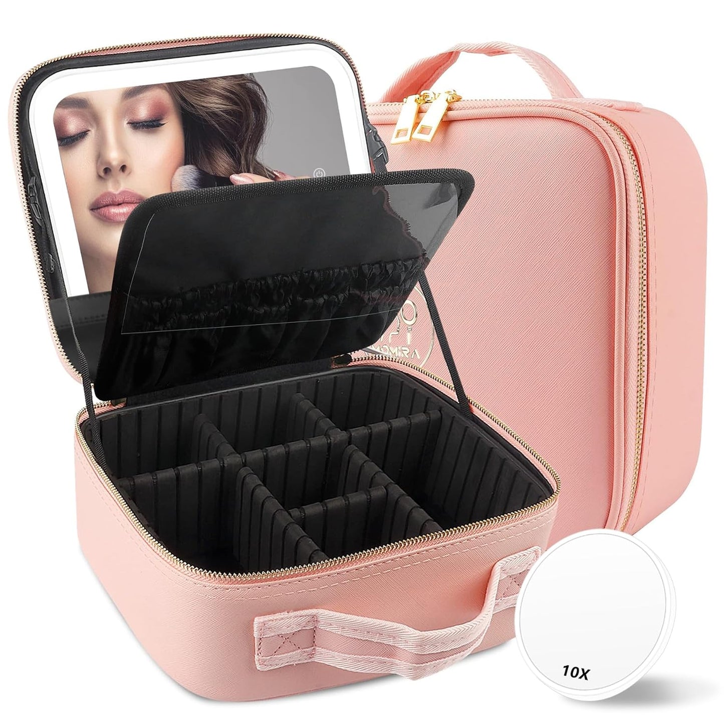 MOMIRA Travel Makeup Bag Cosmetic Bag with Lighted Mirror, Adjustable Brightness in 3 Color Scenarios, Waterproof, 10x Magnifying Mirror, Rotatable Independent Light Mirror- Pink(Solid)
