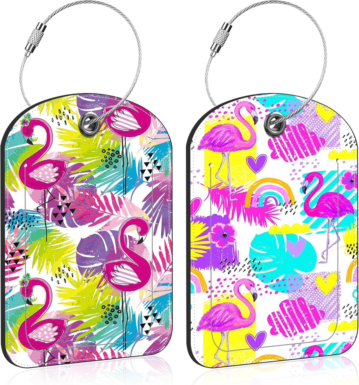 2 PCS Leather Luggage Tag for Suitcase Tropical Leaf and Flamingo Travel Suitcase Labels with Privacy Name ID Label and Stainless Steel Loop for Adults Teens Travel Bag Labels Set