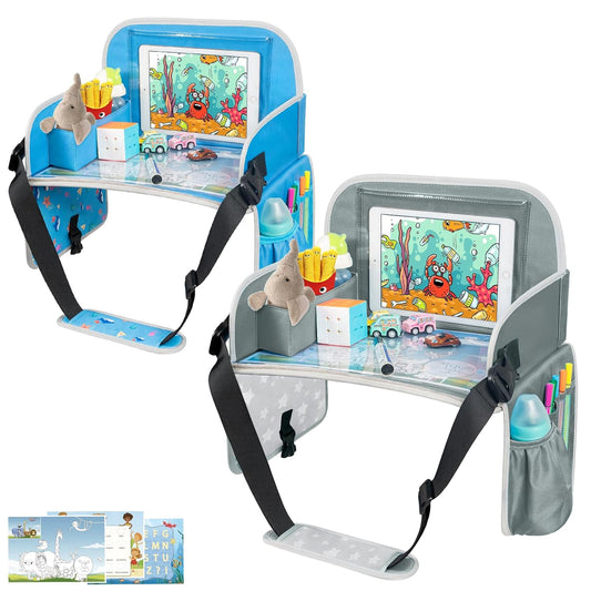 MENZOKE Kids Travel Tray for Boys or Girls, Travel Tray for Kids Car Seat with Tablet Holder, Dry Erase Board & Cooler Cup Holder, Road Trip Essentials Accessories for Car Trip, Airplane (2 Pack)