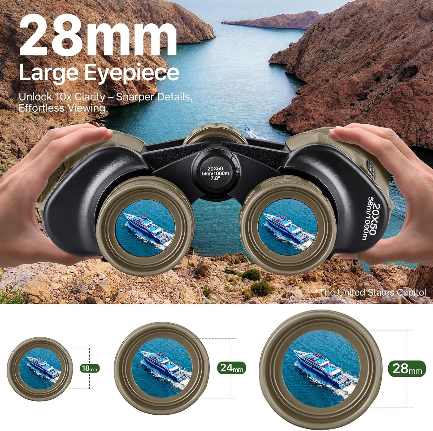20x50 Binoculars for Adults with Smartphone Adapter - High Powered Binoculars for Bird Watching Hunting Hiking Concert Travel Theater with BAK4 Prism FMC Lens, Mud
