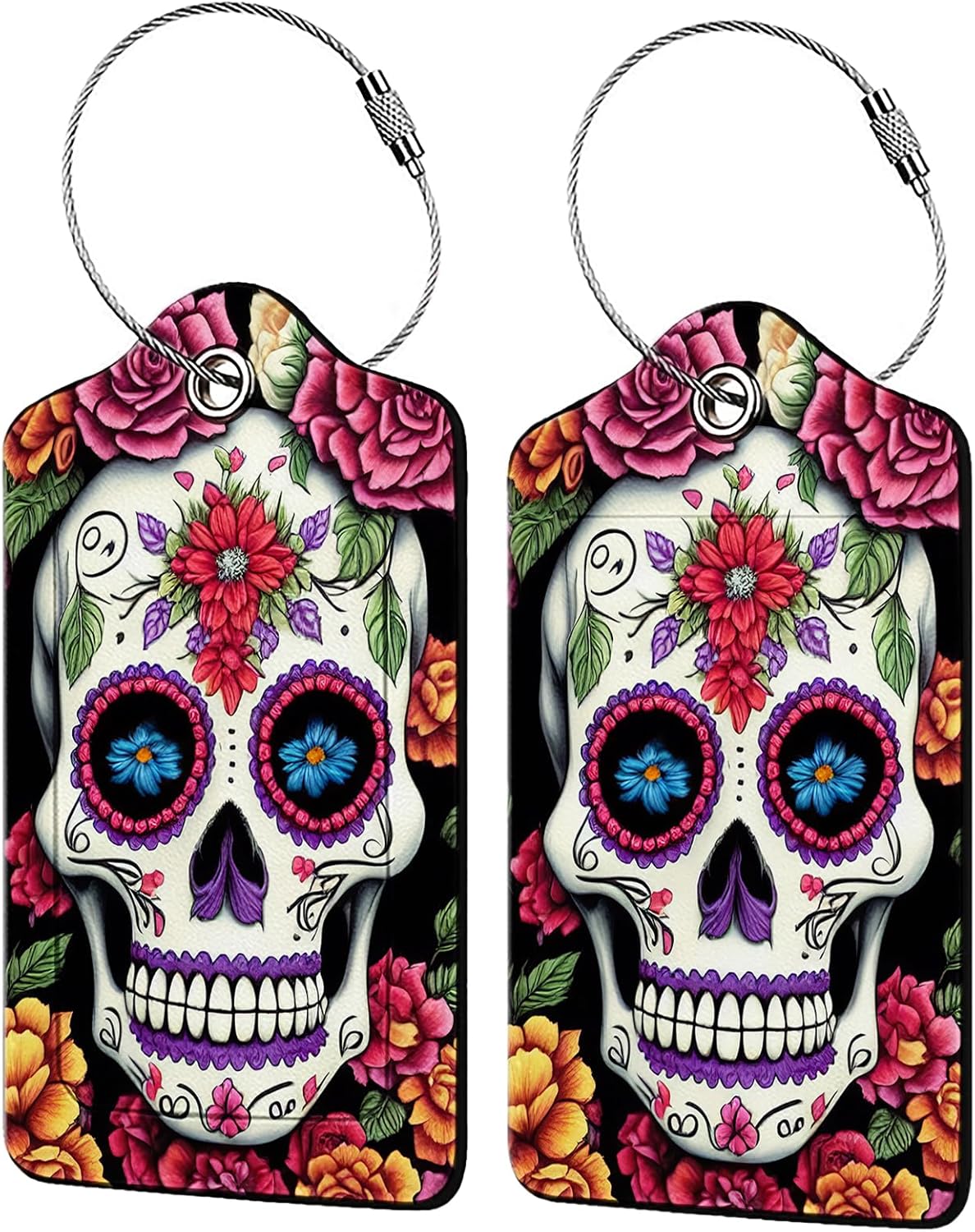 Skull Flower Diamond Art Luggage Tags for Suitcases,2 Pack Luggage Tag, Leather Stainless Steel Loop Label Tag for Women Girl Travel Bag Suitcase