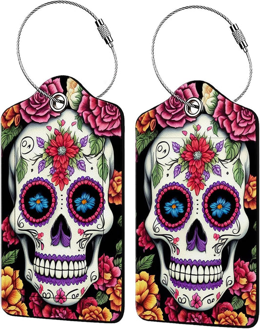 Skull Flower Diamond Art Luggage Tags for Suitcases,2 Pack Luggage Tag, Leather Stainless Steel Loop Label Tag for Women Girl Travel Bag Suitcase