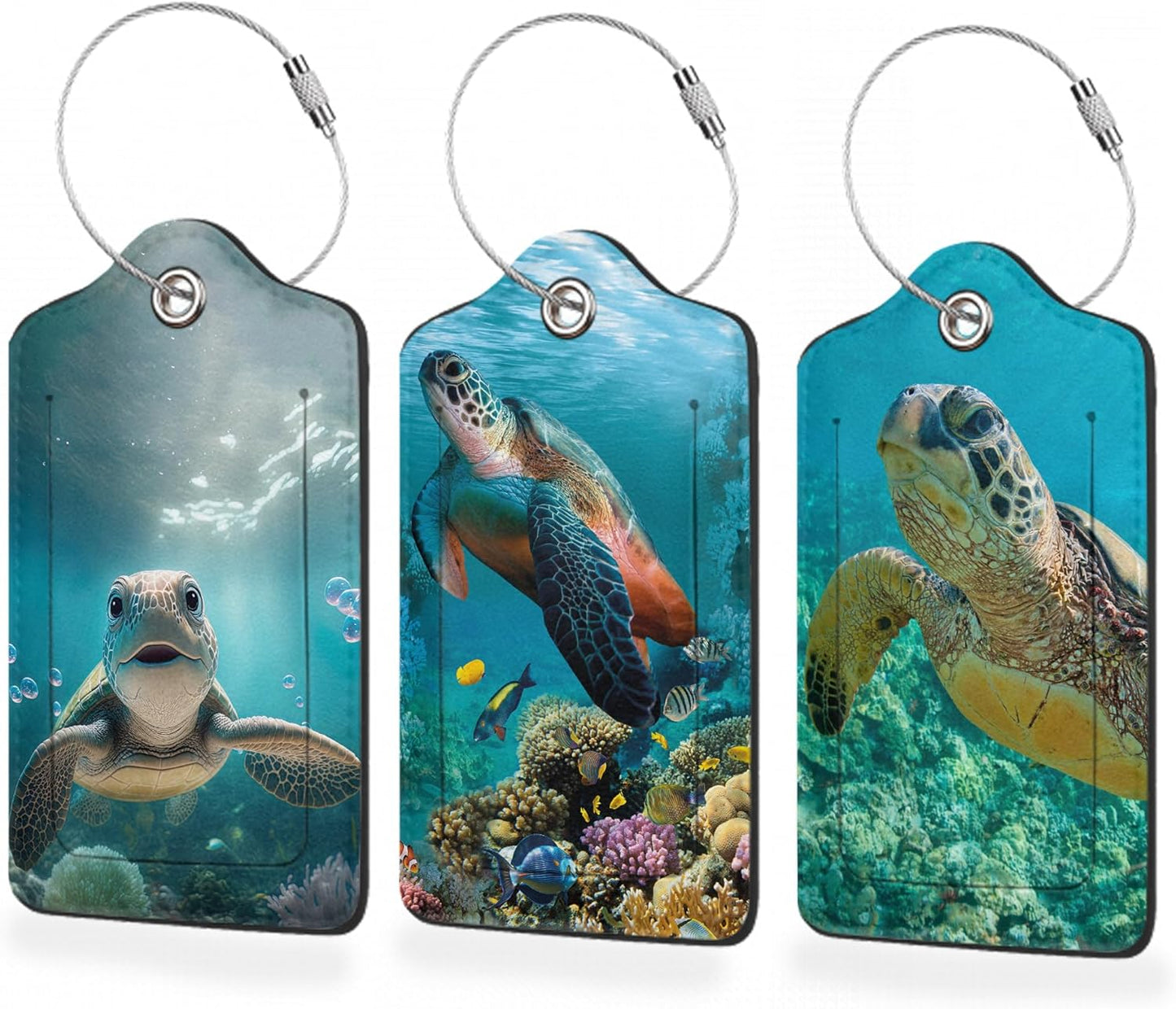 3 Pack Luggage Tag for Suitcase,Hawaiian Sea Turtle Leather Luggage Tags with Privacy Cover Name ID Label Identifiers Travel Bag Tags for Women Men Boys Girls