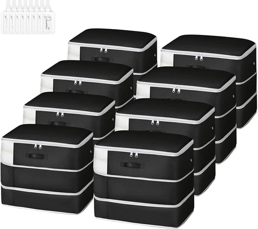 Comforter Storage Bag - Large Capacity Blanket Storage Bags 3-Layer Ultra Space Saving Self Compression Organizer, Washable Compression Bags for Storage Comforter Blanket, 8-Pack, Black