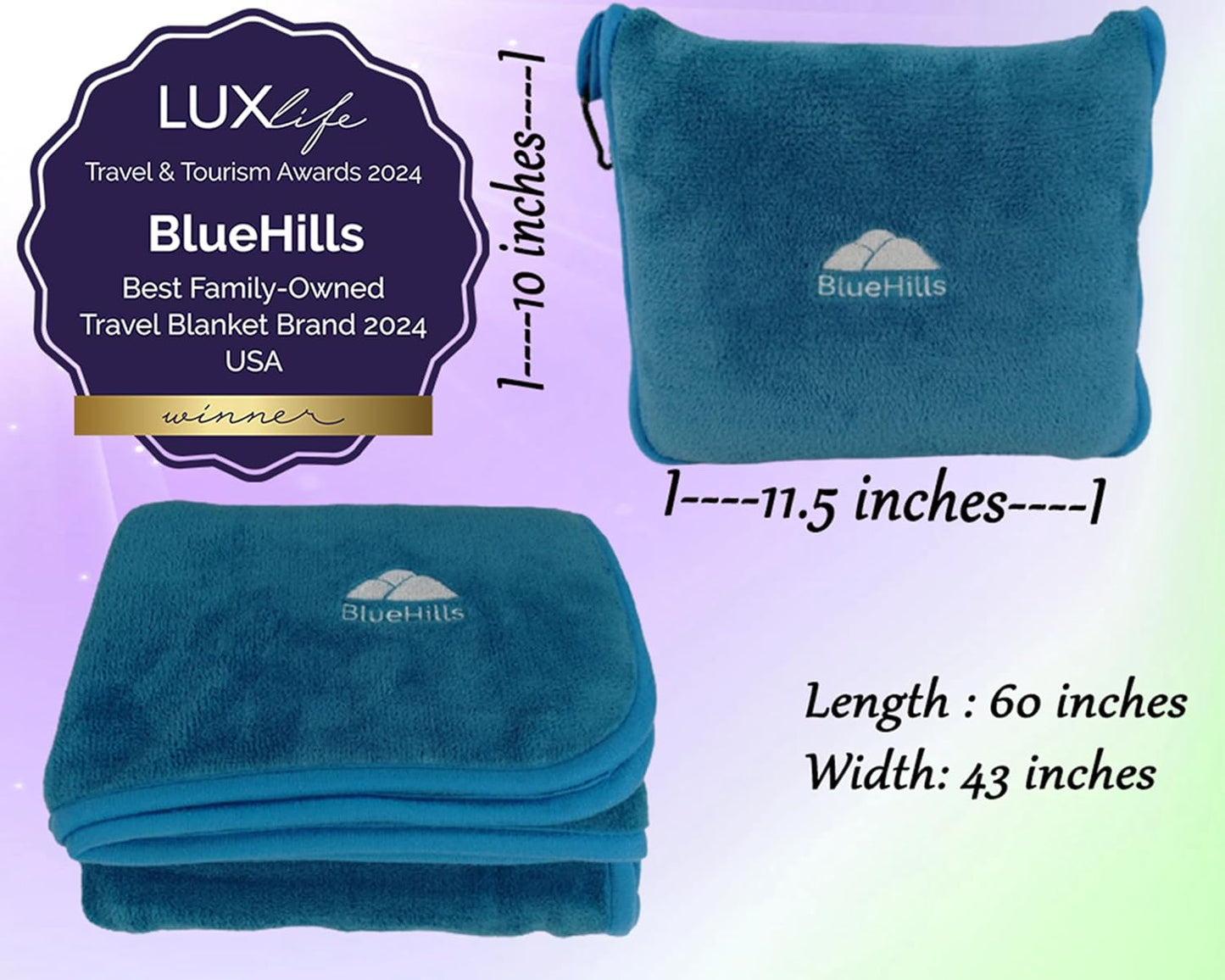 BlueHills Premium Soft Travel Blanket Pillow Airplane Blanket in Soft Bag case with Hand Luggage Belt and Carabiner Compact Pack Large Cozy Plane Car Train Teal Blue T022
