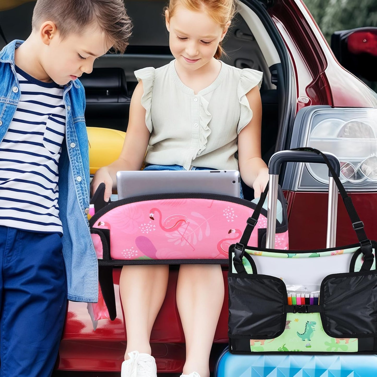 2PCS Kids Travel Tray, Car Seat Tray for kids Travel, Toddler Road Trip Essentials With Drawing Kit, Toddler Lap Desk Organizer for Car, Carseat Table for Airplane