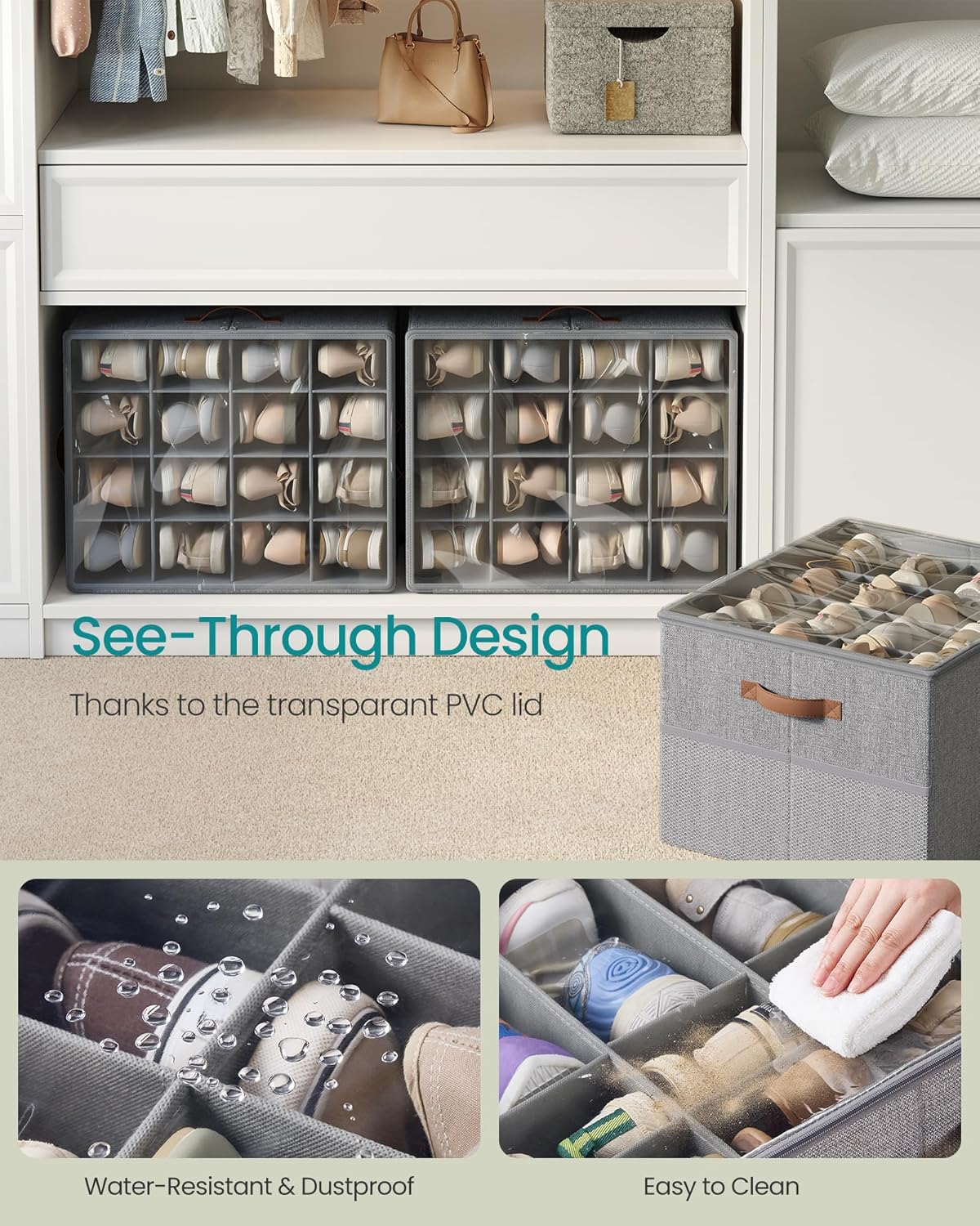 SONGMICS Shoe Organizer for Closet, Shoe Storage Bin, Fits 16 Pairs, Fabric Container with Handles and Clear Cover, Adjustable Dividers, Customizable, Dove Gray ULSP555G01