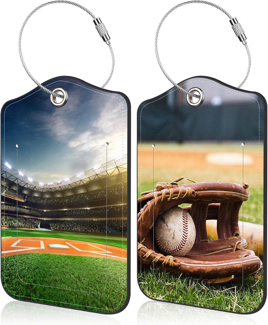 2 Pack Luggage Tag for Suitcase Old Baseball and Glove on Baseball Grand Leather Suitcase Tags with Identifiers Privacy Cover Name Address Labels and Stainless Steel Loop for Teens Adults