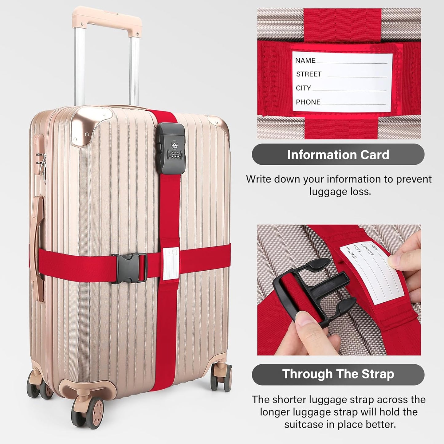 Luggage Straps, Red TSA Approved Luggage Strap Belt with Combination Lock for Suitcases, 2 Pack Adjustable Heavy Duty Cross Suitcase Straps with Name Tags for Travel, Carry On Bags, Protect Luggage