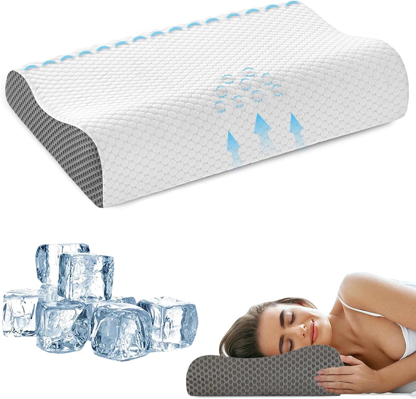 Memory Foam Cooling Bed Pillows for Sleeping, Ergonomic Cervical Pillow for Neck and Shoulder Pain Relief, Adjustable Cold Pillow,with Pillowcase（Grey）