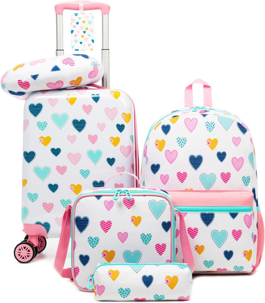 Kid’s Luggage Set 5 Piece Suitcase Set 16’’ Hardside Luggage with Spinner Wheels Girls Carry on Toddler Travel Rolling Suitcase Carry on Luggage Airline Approved