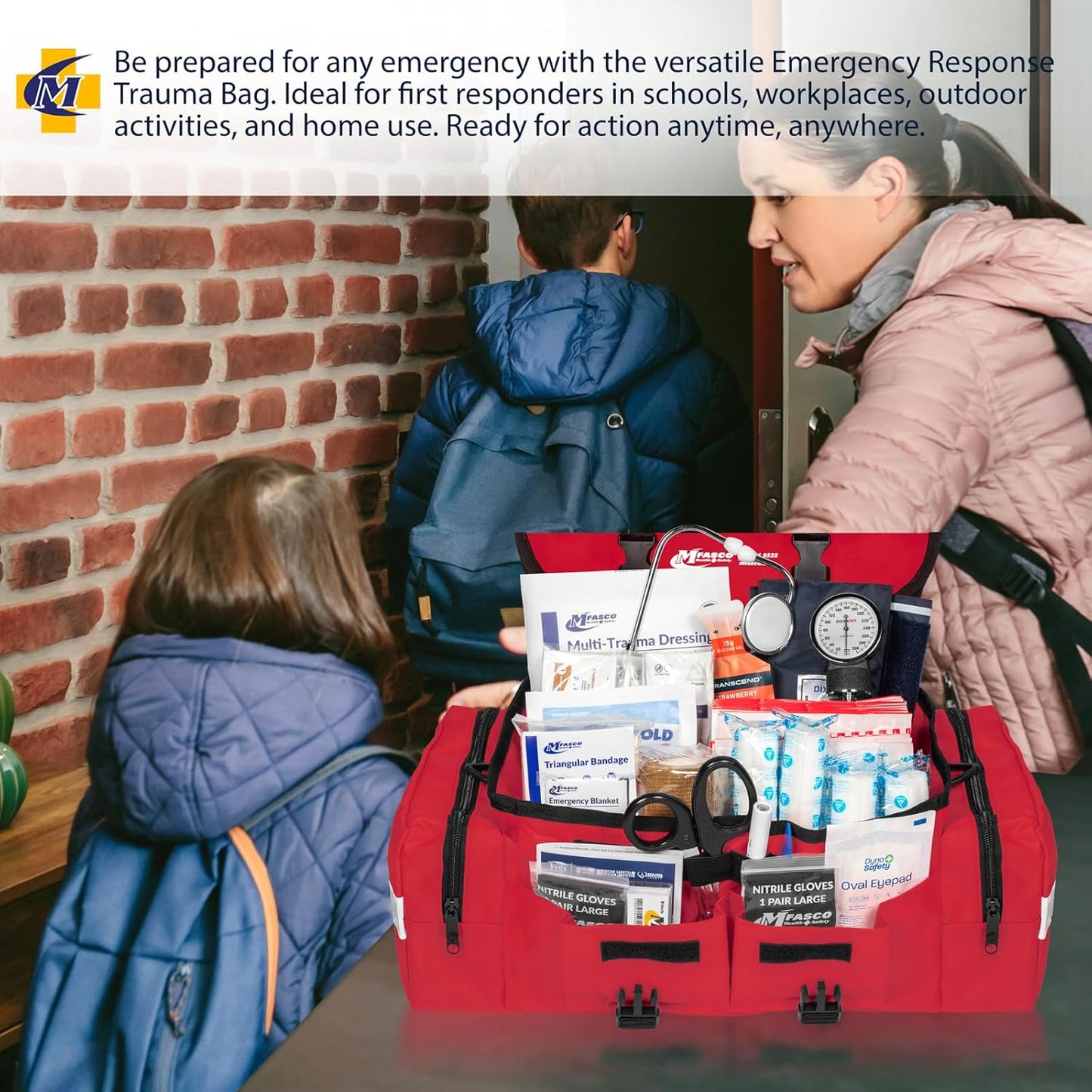 MFASCO First Aid Kit - Fully Stocked Portable Reflective Bag -First Responder Emergency Response Kit -for Natural Disaster Preparedness - Customizable Storage -Includes 415 Pcs First Aid Supplies- Red