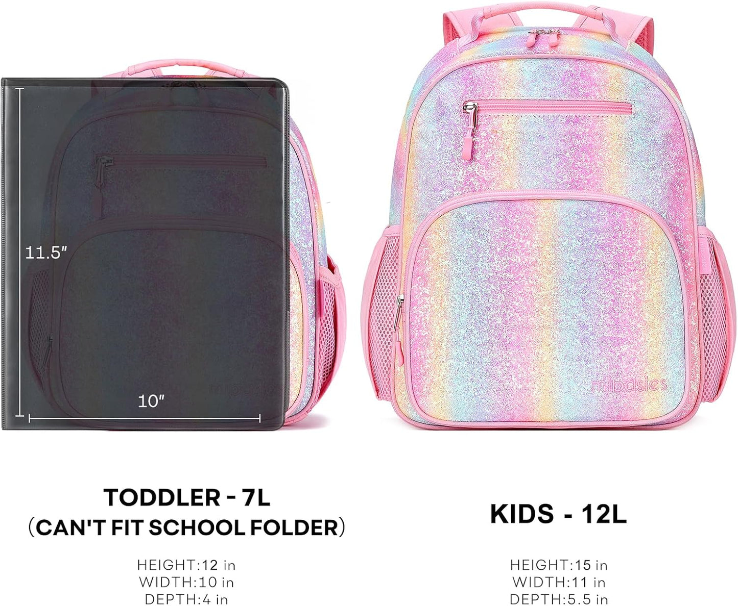 mibasies Girls Backpack 5-8: Glitter Kids Backpacks for Girls - Girl Bookbag for Elementary School - Rainbow Pink