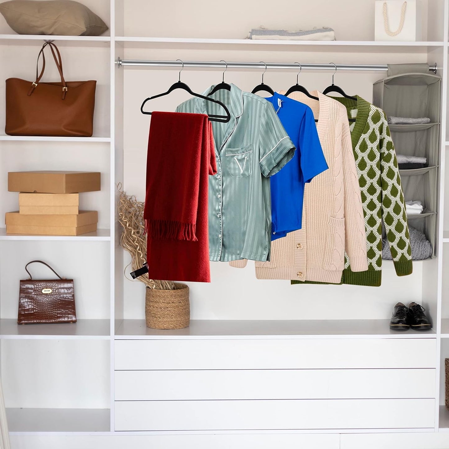 Quality Hangers 50 Pack Slim Plastic Hangers for Clothes - Heavy Duty Non-Velvet Black Hangers with 360° Swivel Chrome Hook & Non Slip Notches - Ideal for Dresses Coats Shirts Jackets & More - Black