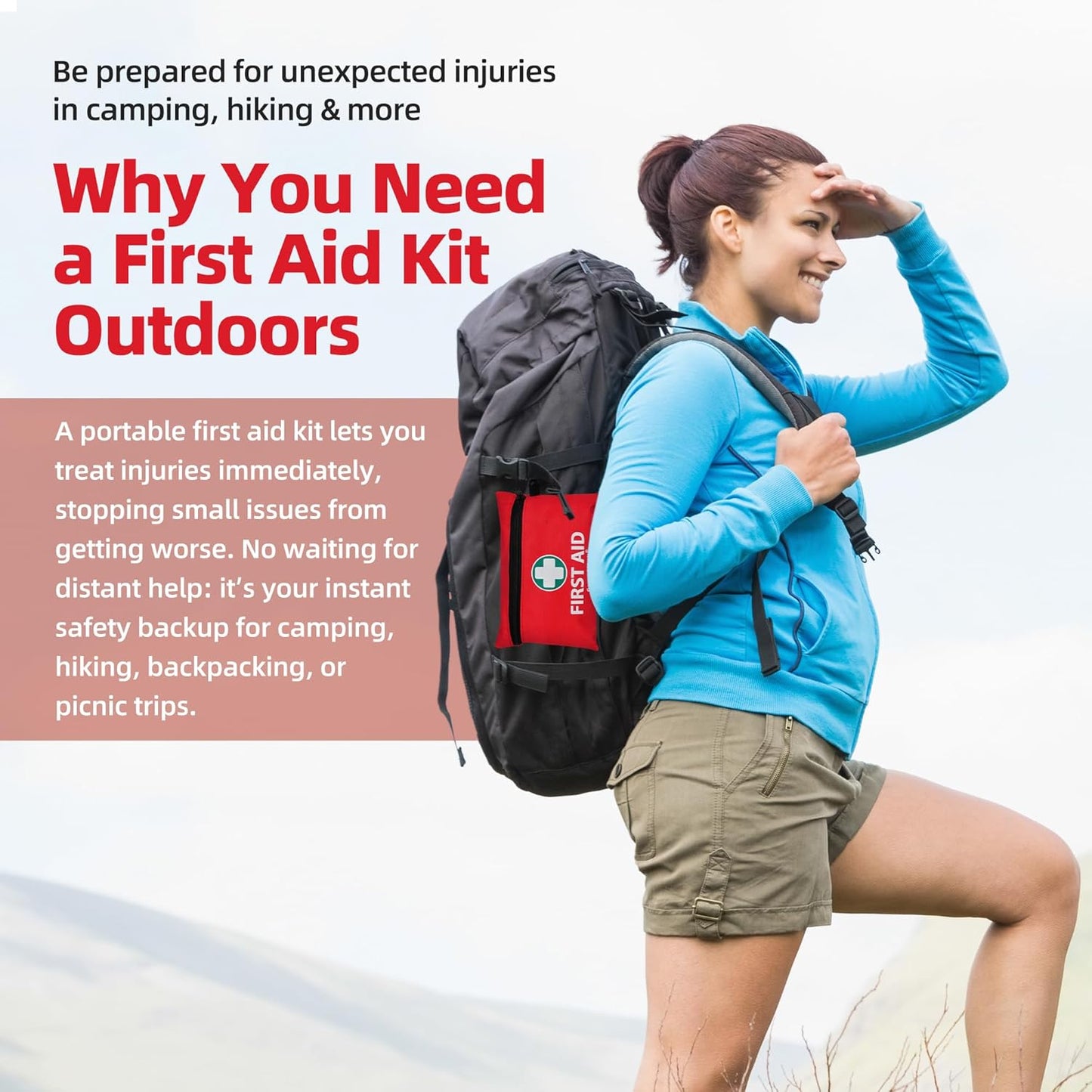 General Medi Mini First Aid Kit, 110 Piece Small First Aid Kit - Includes Emergency Foil Blanket, Scissors for Travel, Home, Office, Vehicle, Camping, Workplace & Outdoor (Red)