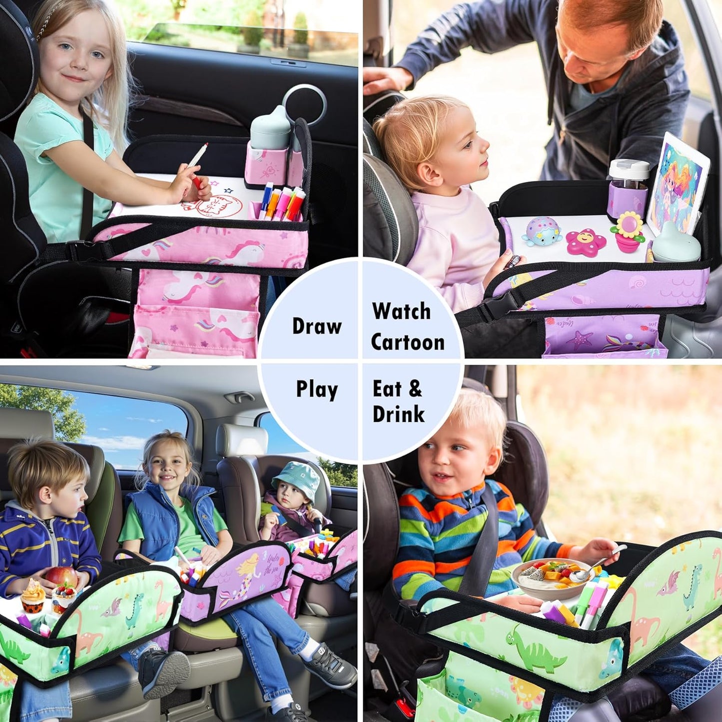 3PCS Kids Travel Tray for Airplane - Toddler Car Seat Table Tray, Road Trip Essentials for Boys & Girls, Carseat Lap Desk for Kids Road Trip Activities (Pink/Green-/Purple)