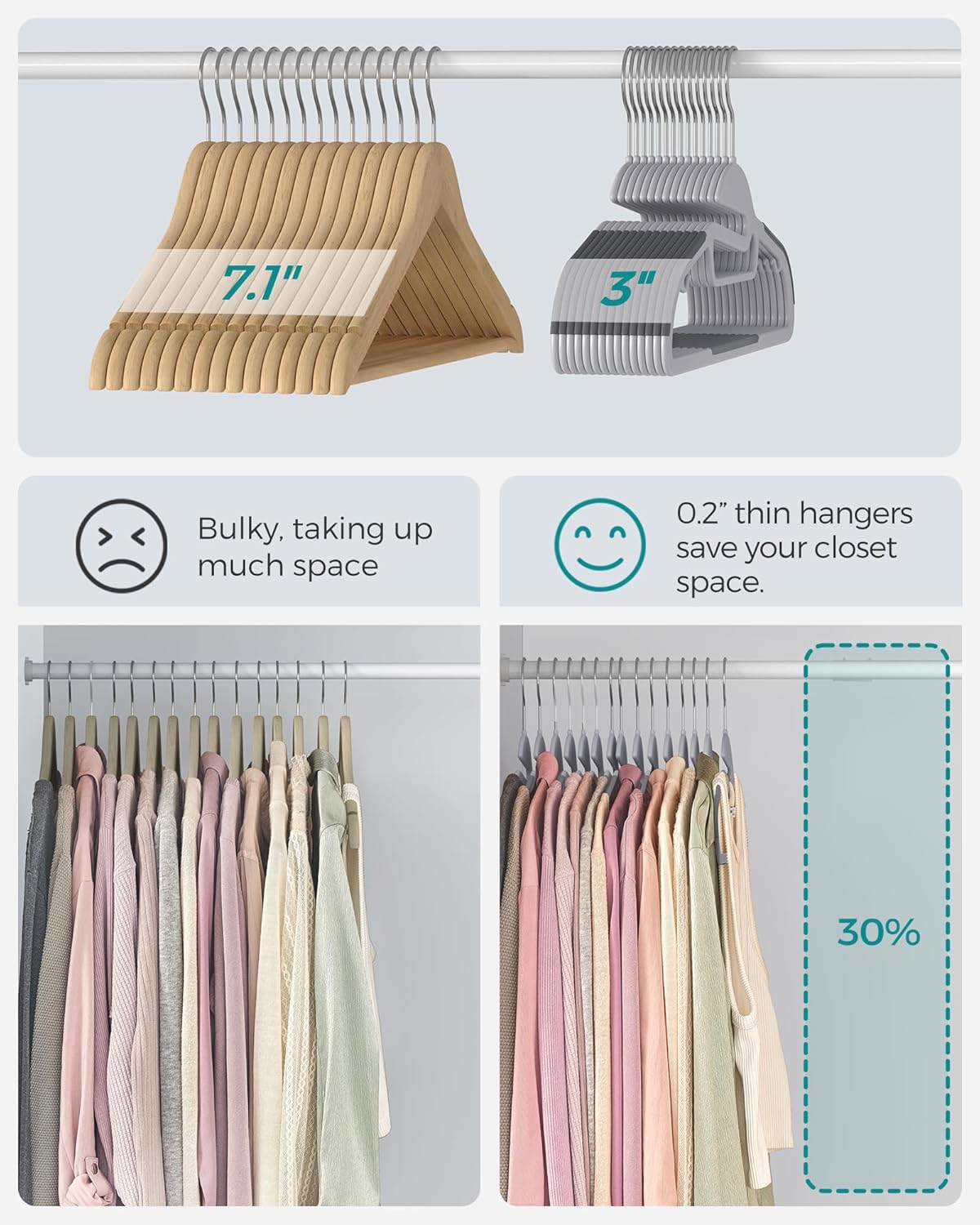 SONGMICS 50 Pack Coat Hangers, Heavy-Duty Plastic Suit Hangers, S-Shaped Opening, Space-Saving, 360º Swivel Hook, 16.3 Inches Wide, Light Gray and Dark Gray UCRP41G-50