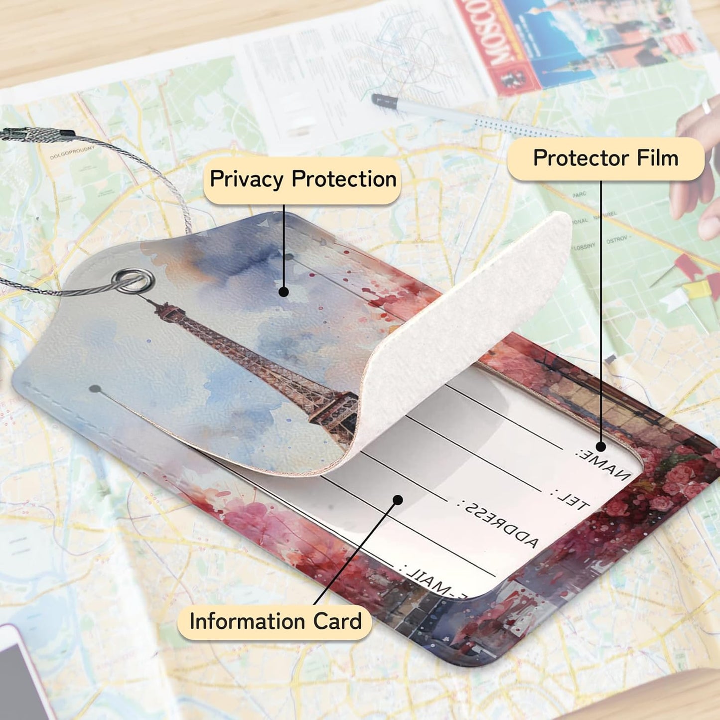 3 Pack Eiffel Tower Luggage Tags for Suitcases, Paris Cute Leather Name Tag with Privacy Cover with Stainless Steel Loops, Travel ID Bag Tags for Women Men