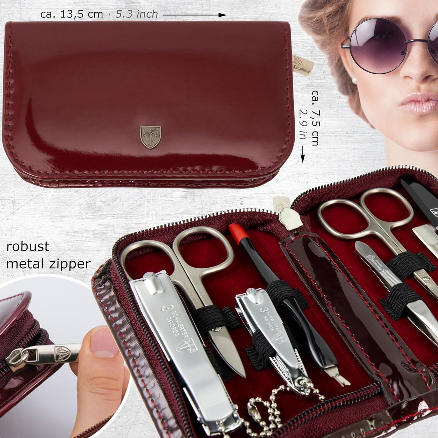 3 Swords Germany – Brand Quality 8 Piece Manicure Pedicure Grooming kit Set for Professional Nail Care with Synthetic Leather case Burgundy - Made in Germany