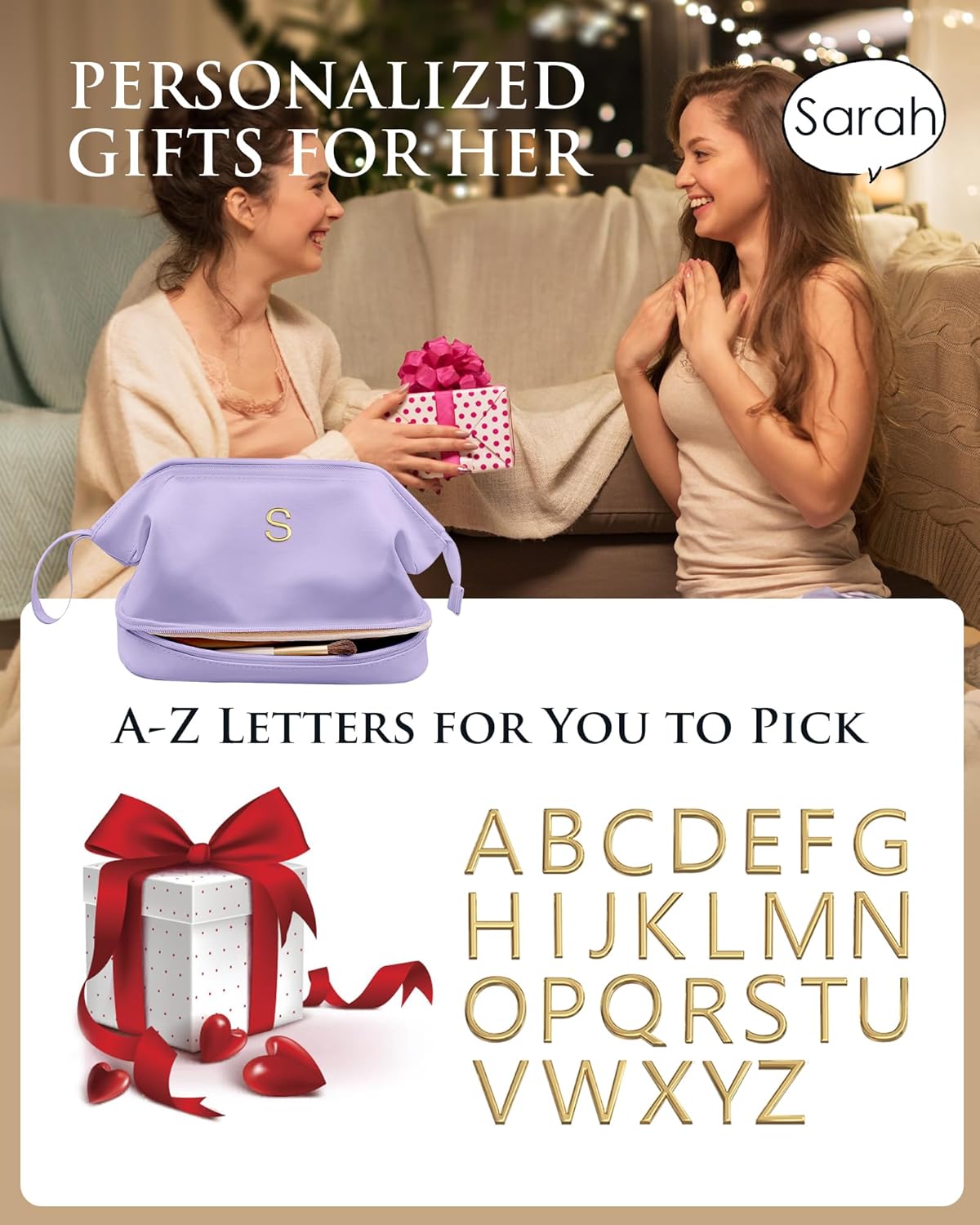 Bridesmaid Gift, Initial Makeup Bags, Personalized Double Layer Cosmetic Bag with Makeup Brush Organizer, Waterproof, Large Capacity PU Leather Travel Toiletry Bag