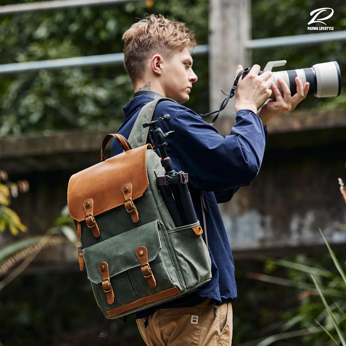 Padwa Lifestyle Green Camera Backpack - Waxed Memory Canvas Camera Bag, Multi DSLR SLR Large Camera Backpacks for Photographers with 16” Laptop & Lens Compartment and Tripod Holder & Weather Resistant