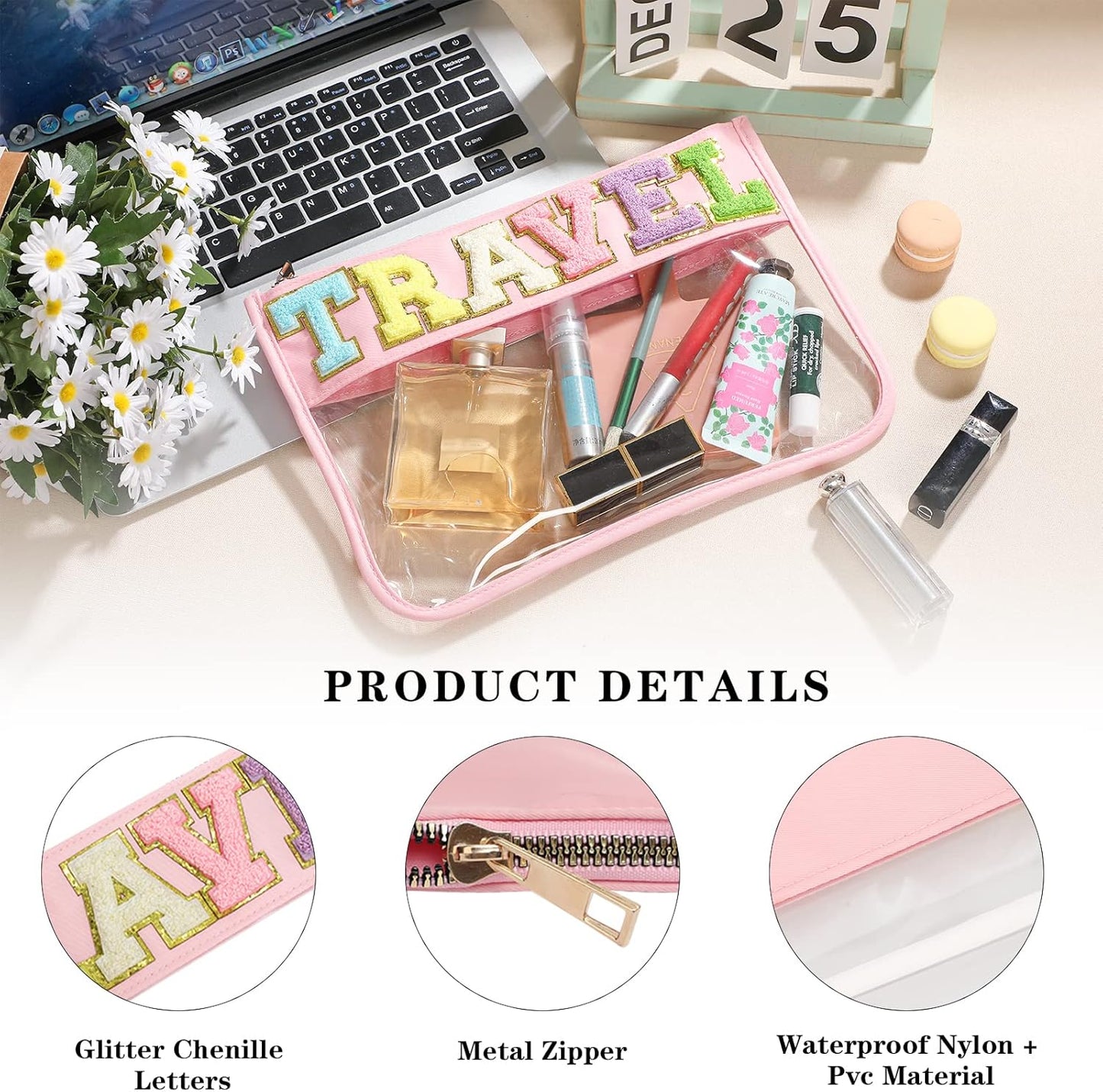 DYSHAYEN Chenille Letter Clear Zipper Pouch for Travel,Nylon Clear Cosmetic Bag,Makeup Travel Bag for Women Girls 11.8 Inches x 8.2 Inches