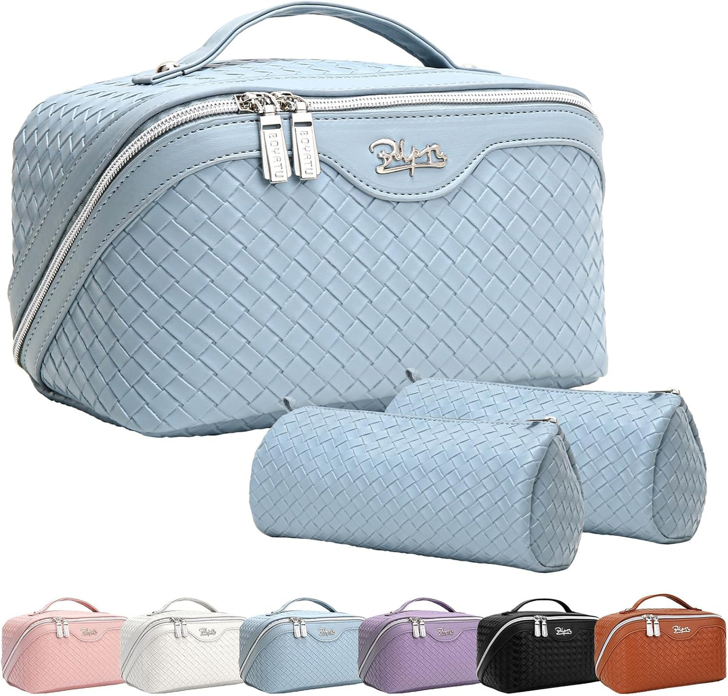BOYATU Travel Makeup Bags for Women: Large Makeup Organizer - PU Leather Make up Bag Set of 3 - Portable Toiletry Bag with Compartments & Handle & Divider (L04 Light Blue)