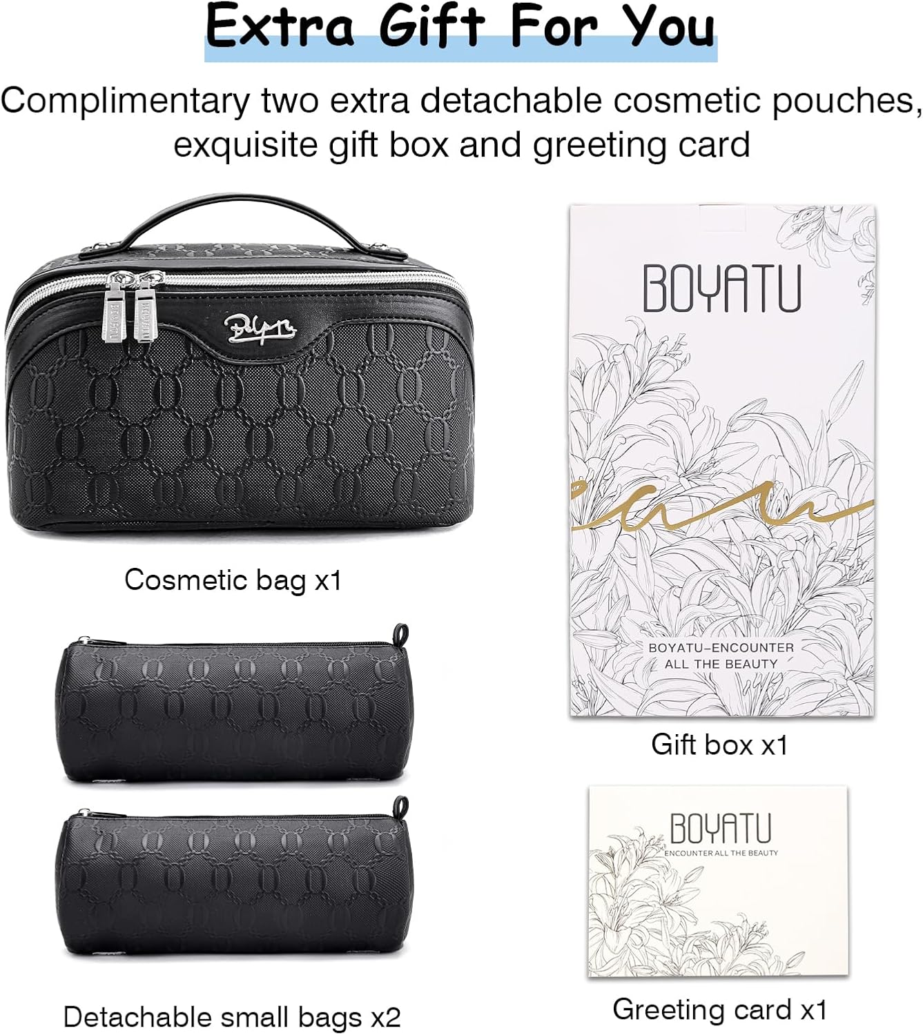 BOYATU Travel Makeup Bag for Women: Cosmetic Organizer Bag with Compartments - Leather Make up Bags Set of 3 (Black)