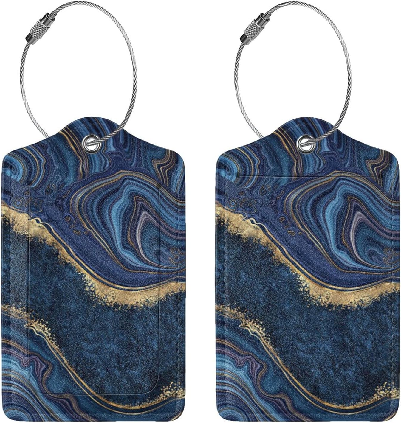 2PC Dark Blue Marble Luggage Tags Leather Suitcase Tag Privacy Name ID Card Quick to Find Out Travel Bag Labels with Stainless Steel Loop for Women Men Chilren Set of 2