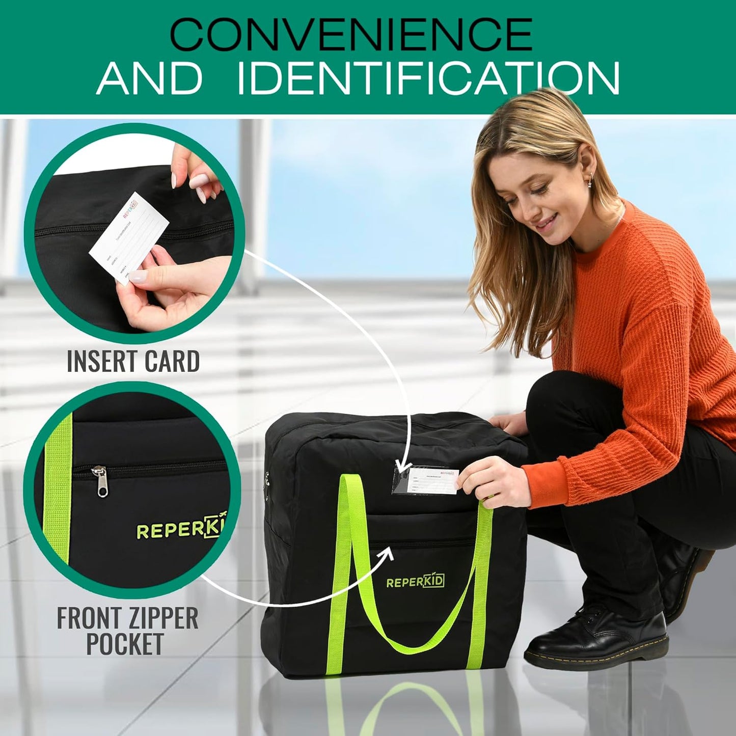 Reperkid Booster Seat Travel Bag for Airplane, Black and Green, 17" H x 16.5" W x 9.5" D, Compatible with Gb Pockit Stroller & Most Boosters– Premium Waterproof Cover, Hand Bag Design, Durable Zipper