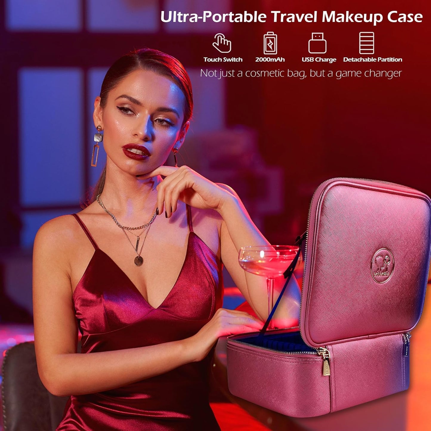 MOMIRA Travel Makeup Bag Cosmetic Bag Makeup Organizer Bag with Lighted Mirror, Adjustable Brightness in 3 Color Scenarios, Waterproof Makeup Train Case, Gift for Women - Brilliant Rose
