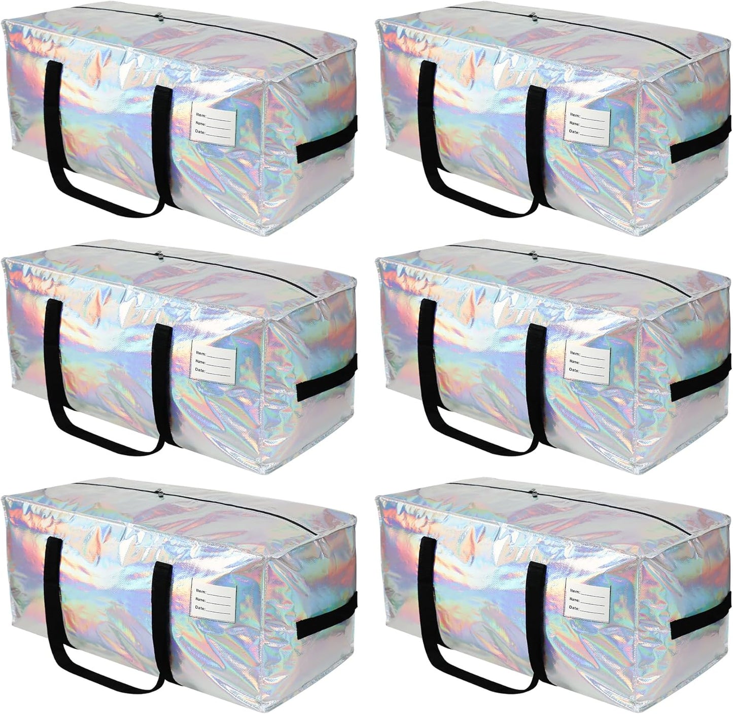 6 Pack Heavy Duty Moving Bags Extra Large Waterproof Foldable Clothing Storage Totes Bags with Zipper,Reinforced Handles,Packing Moving Boxes for Dorm & Seasonal Storage,Iridescent