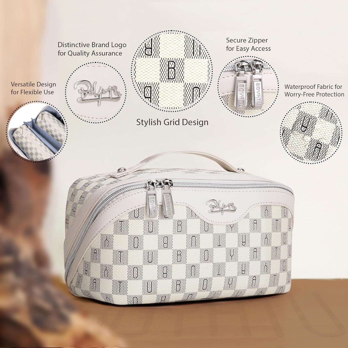 BOYATU Travel Makeup Bag Cosmetic Bags for Women: 3 Pcs Set Portable Make up Bag with Handle - Vegan Leather Toiletry Bags with Compartments - Makeup Organizer for Travel Essentials(02-Beige)