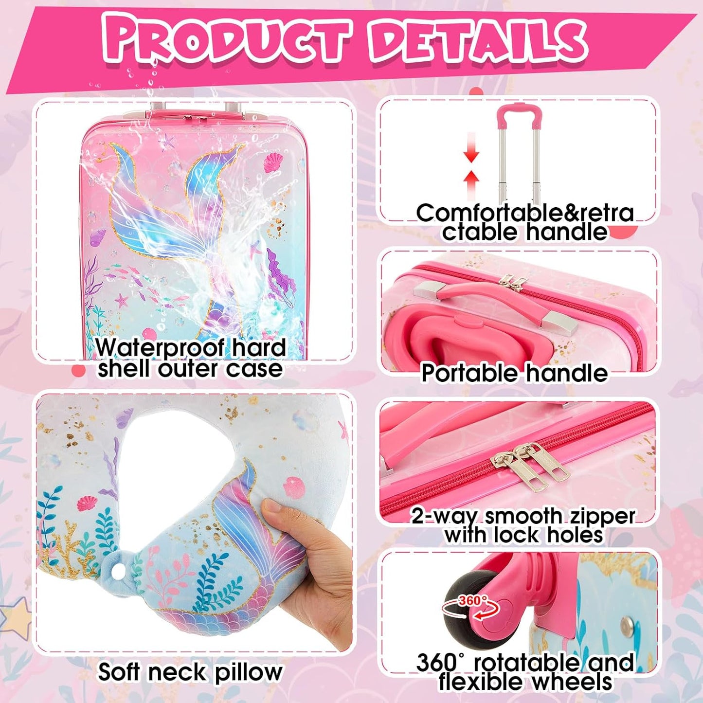 Sanwuta 4 Pcs Kids Luggage Set Kids Backpack Travel Rolling Suitcase with Wheels U-shape Pillow Childrens Gift for Girls Boys(17 Inch,Mermaid's Tail Style,Blue Purple)