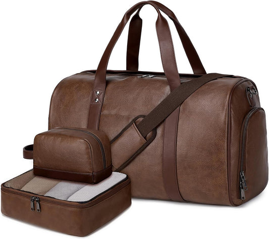 Wogarl 3PCS Faux Leather Weekender Bag for Women Men Large Overnight Travel Duffel Bags with Shoe Compartment Toiletry Packing Cube Carry On Duffle Fit 21" Laptop(Coffee)
